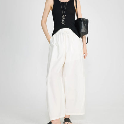 Casual Split Arc Eight-Part Balloon Pants with Drawstring Elastic Waist, Lightweight Silk and Pima Cotton Blend, Versatile Fit