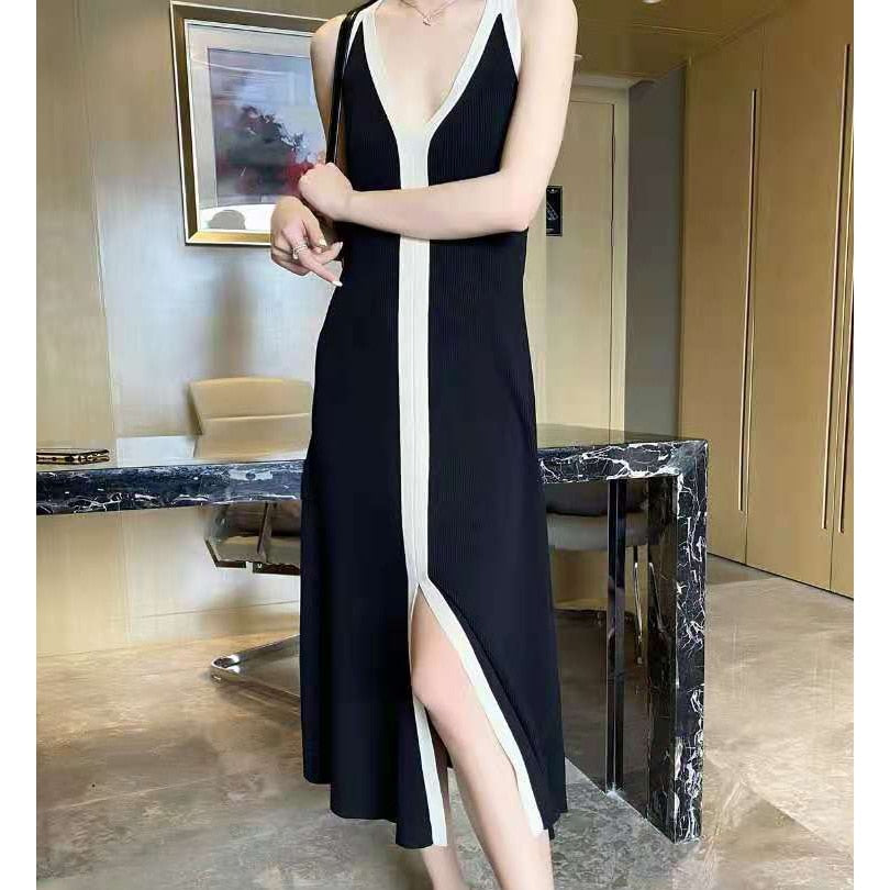 Spring Summer Retro V-neck Long Contrast Knitted Maxi Dresses for Women Luxury Sense Simplicity Korean Style