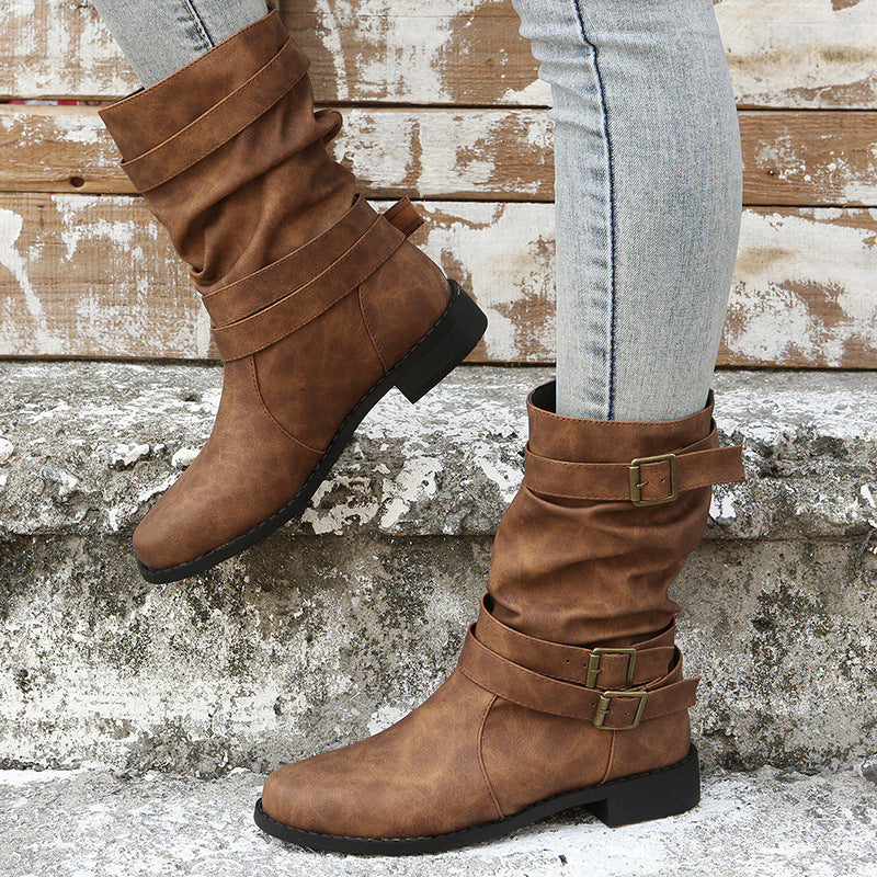 Womens Belt Buckle Low Heel Mid-Calf PU Leather Martin Boots