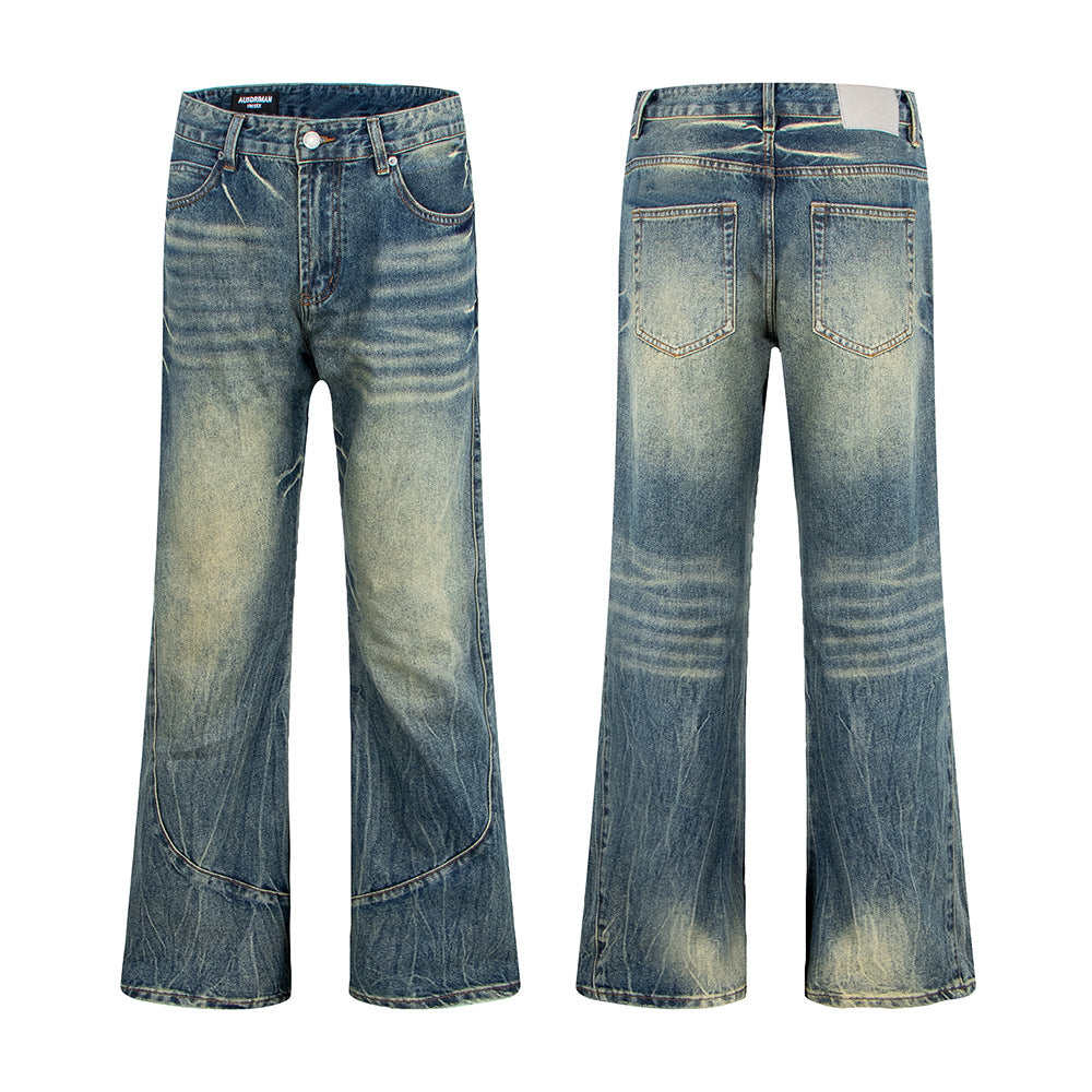 Heren denim jeans met kattenbaardmotief slubstiksels gewassen en verwassen look