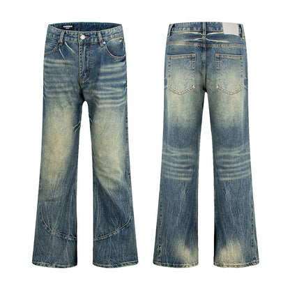 Heren denim jeans met kattenbaardmotief slubstiksels gewassen en verwassen look