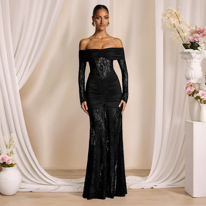 Elegant Lace Splicing One-Shoulder Long Sleeve Bodycon Dress for Women Evening Gown
