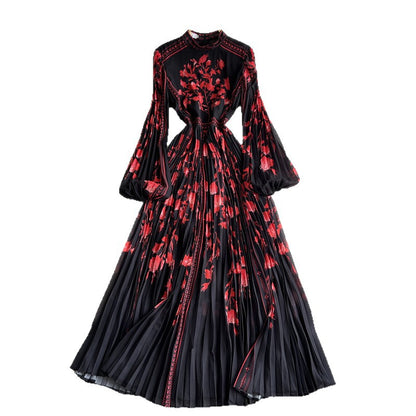 Elegant Fashionable Charm  Style French Print Pleated Dress