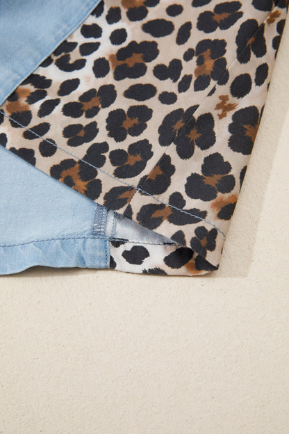 Myosotis Denim Color Block Leopard Patchwork Shirt Collar Mini-jurk
