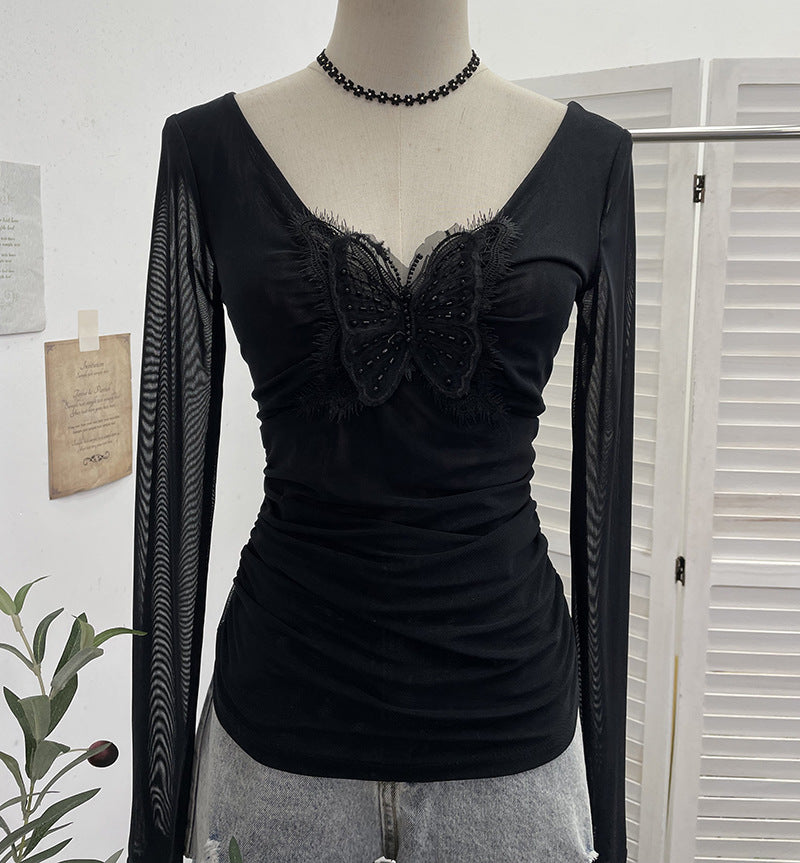 Lace butterfly V-neck top