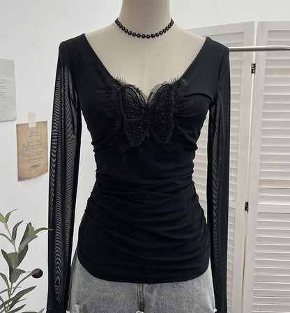Lace butterfly V-neck top