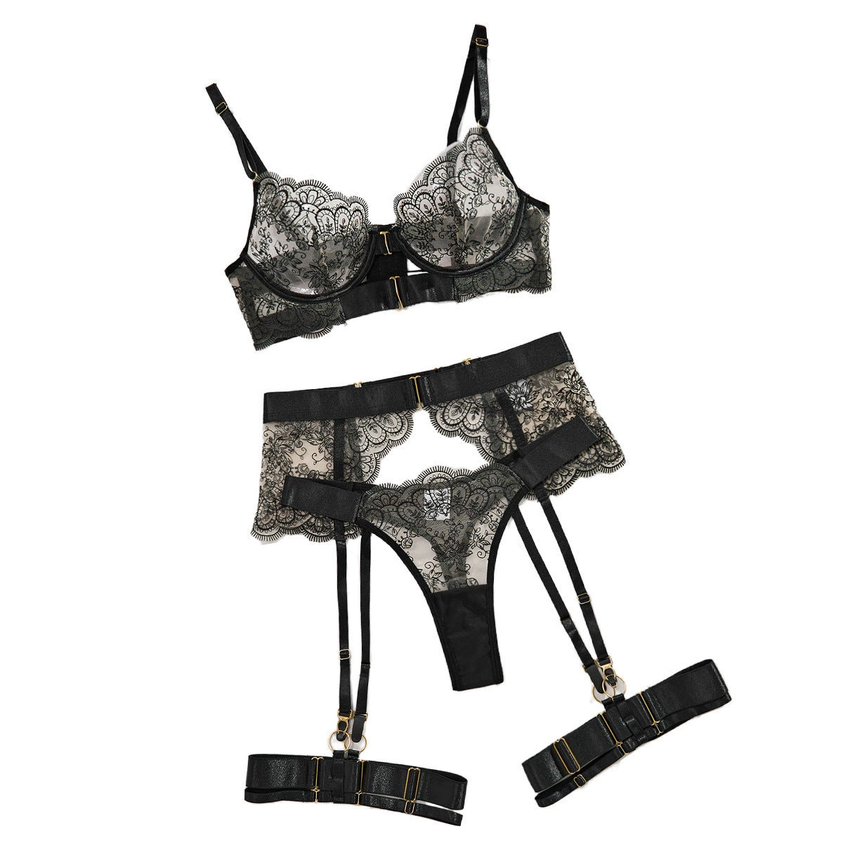 Embroidered Lace-Up Sheer Mesh Lingerie Set