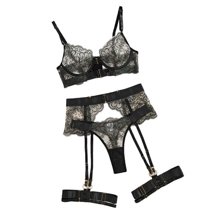 Embroidered Lace-Up Sheer Mesh Lingerie Set