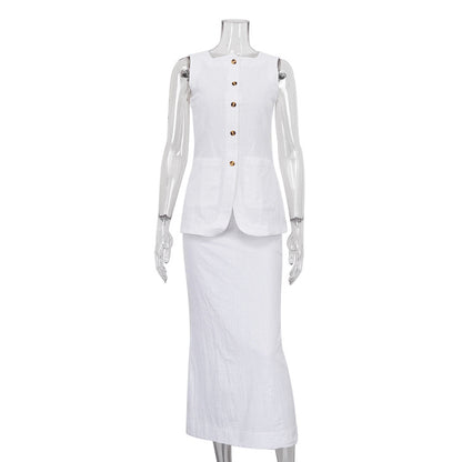 Sleeveless Square Neck Vest and High Waist Skirt Set