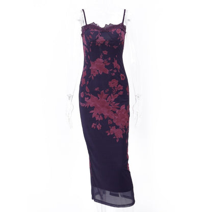 Vintage jurk met print kanten afwerking en open rug met vetersluiting