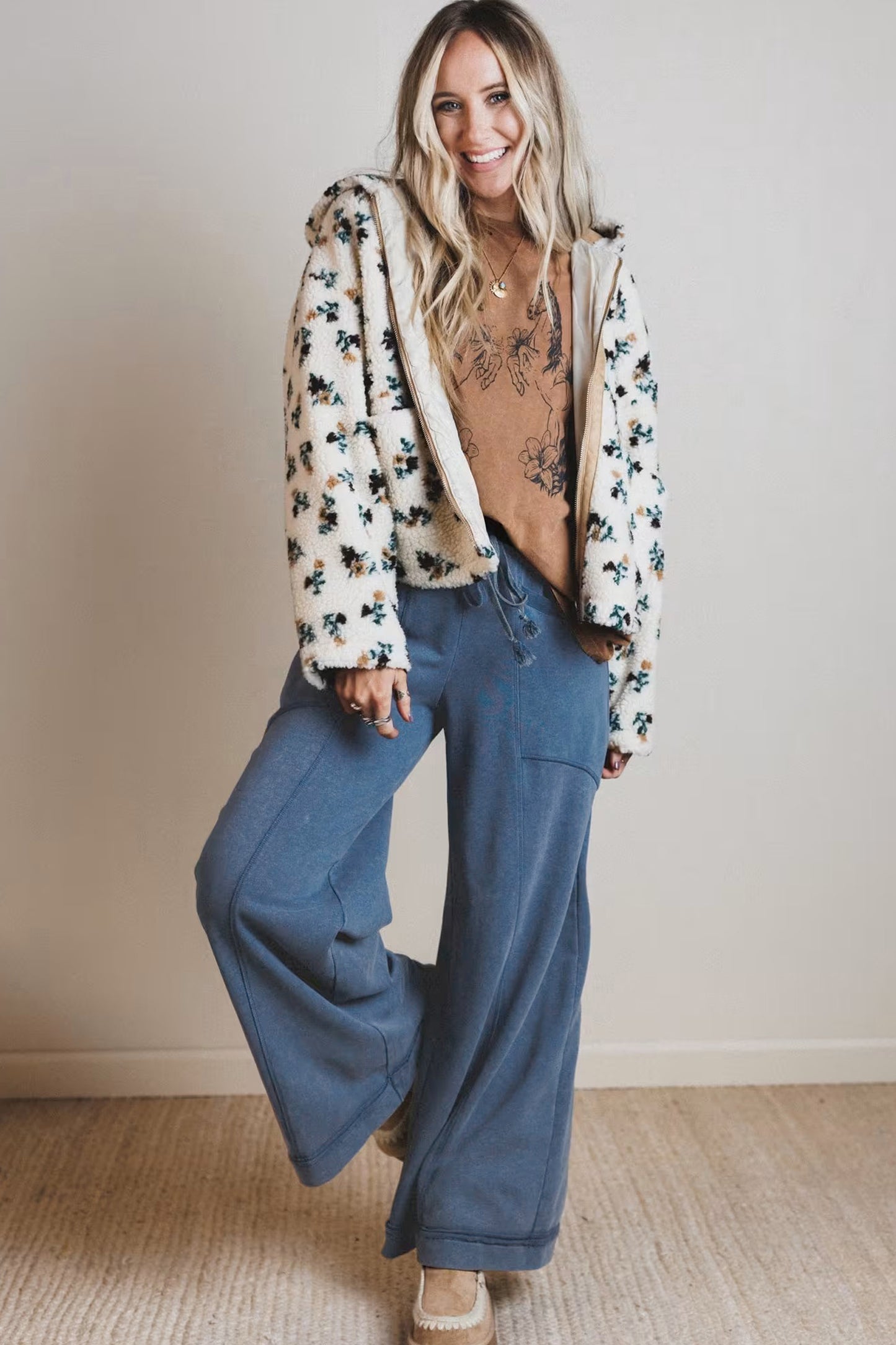 Mineral Wash Retro Westernbroek met trekkoord hoge taille en wijde pijpen