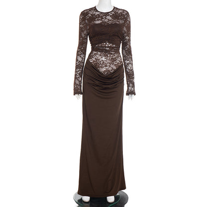 New solid-color lace long-sleeve bodycon spliced dress