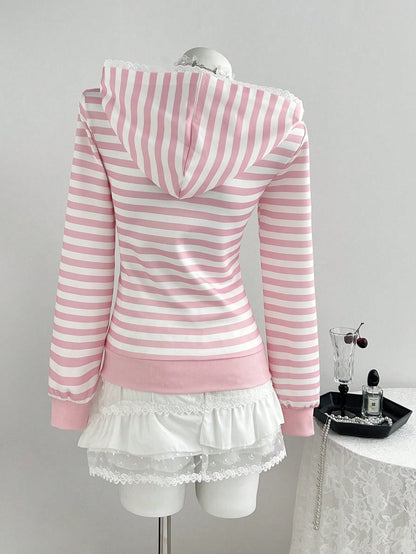 Pure Desire Powder White Striped Hooded Sweatshirt