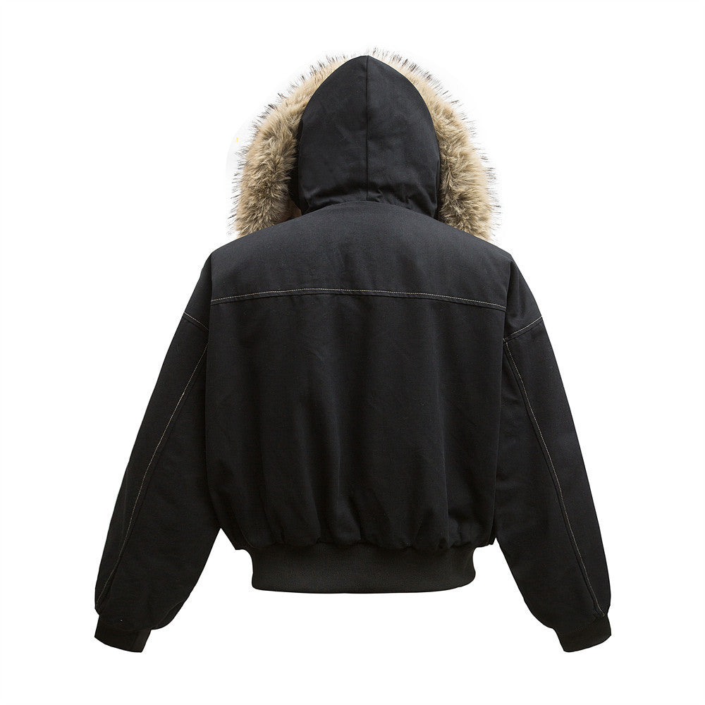 Canvas jacket met capuchon imitatiebont kraag en voering