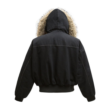 Canvas jacket met capuchon imitatiebont kraag en voering