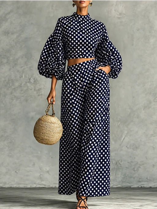 Women's polka dot bubble sleeve top wide leg pants 2 piece set