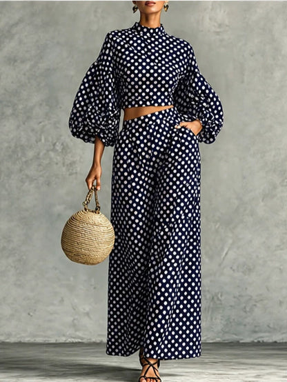 Women's polka dot bubble sleeve top wide leg pants 2 piece set