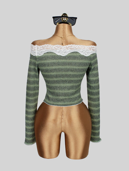 Dames off-shoulder top met lange mouwen gestreept design slim fit model en kanten details