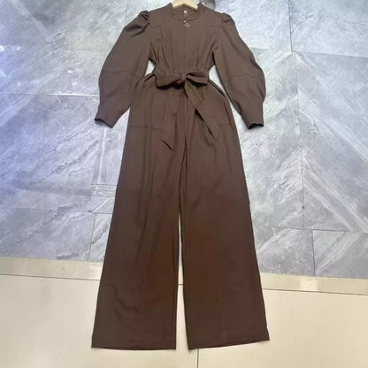 European and American vacation style lantern sleeves, long sleeves, zipper ties, wide leg jumpsuit, long pants