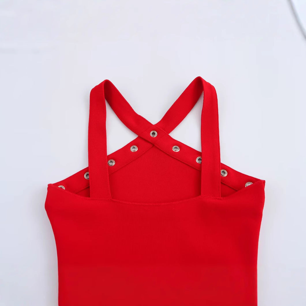 Summer fashion short sexy women's hanging neck shaping elastic jumpsuit