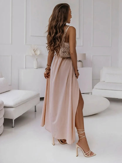 Elegante maxi-jurk met V-hals split en spaghettibandjes