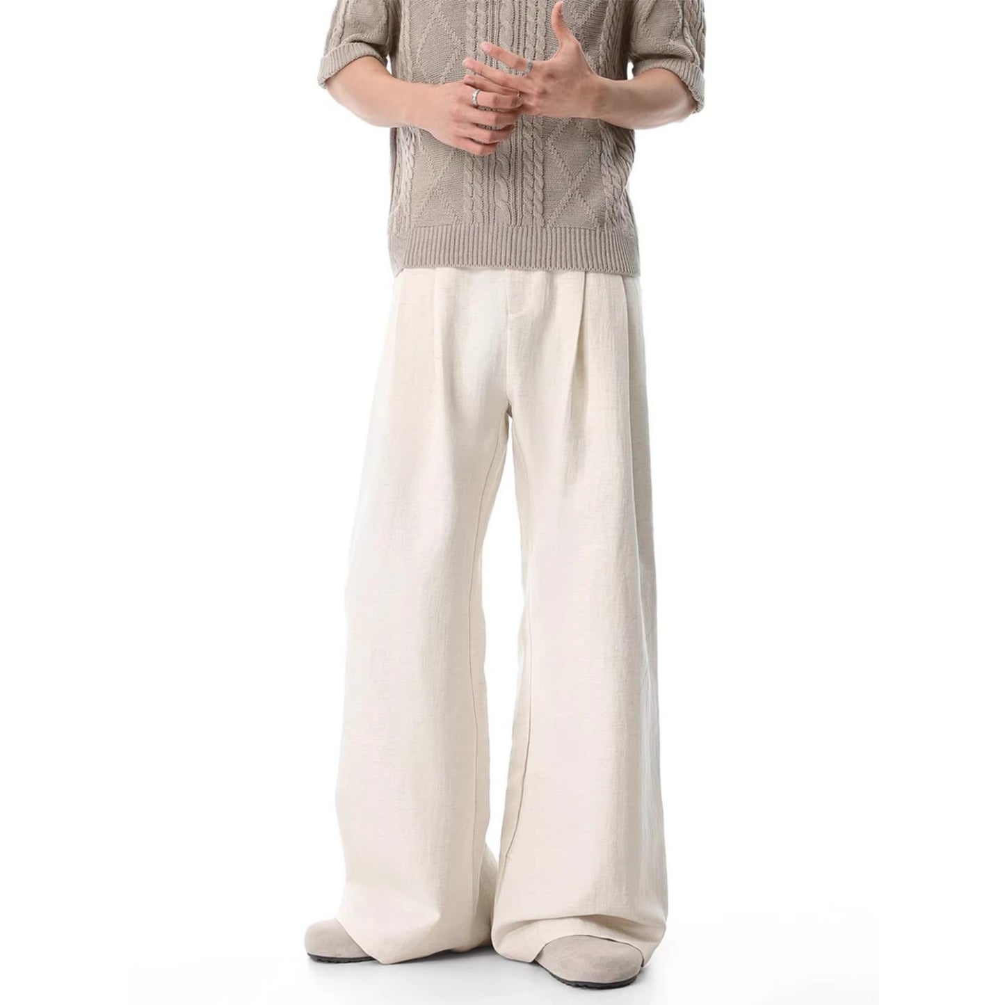 Preppy Style Linen-Like Pleated Wide-Leg Trousers for Men