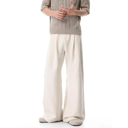 Preppy Style Linen-Like Pleated Wide-Leg Trousers for Men