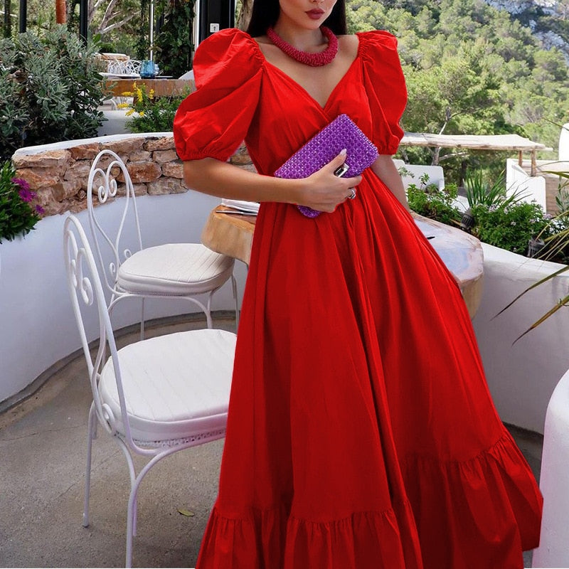 Elegant Puff Sleeve Long Maxi Dresses Women Sexy V Neck Rose Red Boho Holiday Sundress Summer Party Club Dress Robes
