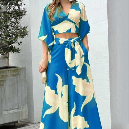 V-neck lantern sleeve short top high waist and wide leg pants