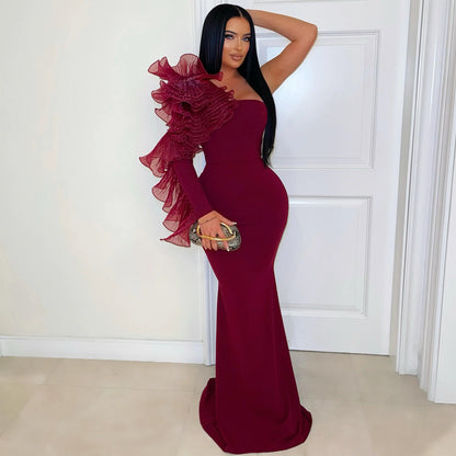 Fashion Elegant Single Ruffle Sleeve Fitted Dress for Women