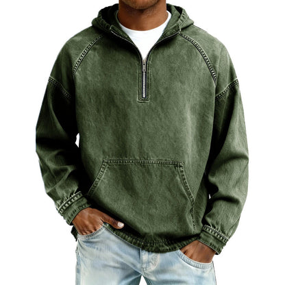 Mens Retro Half Zip Hooded Sweatshirt