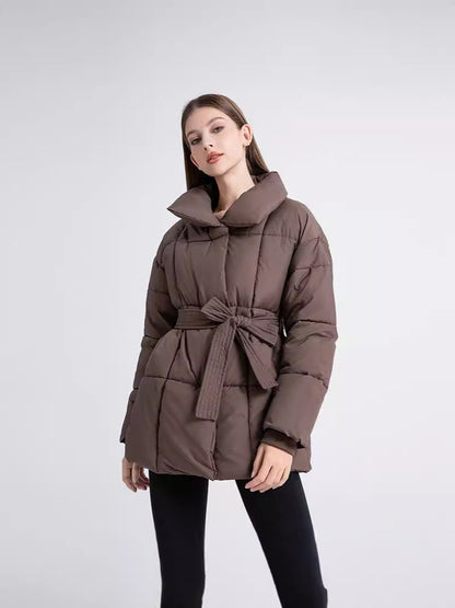 Mid-length womens winter coat with belt