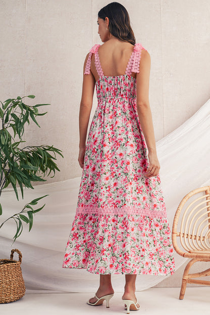 Maxi-jurk met bloemenkant strikbandjes en empiretaille