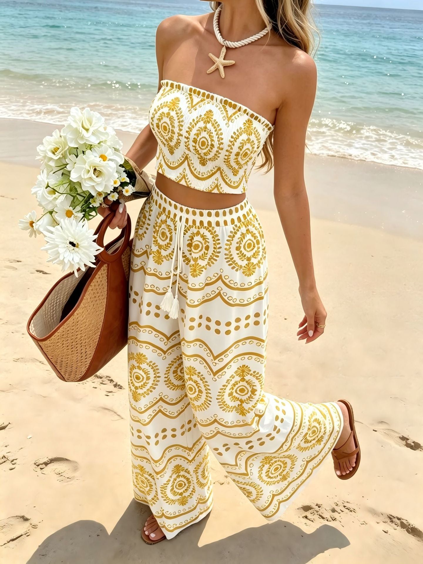 Print Tube Top and Wide Leg Pants