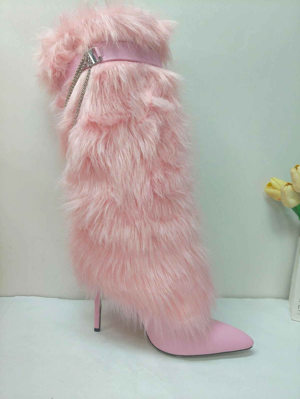 Pointed-toe furry boots high heels