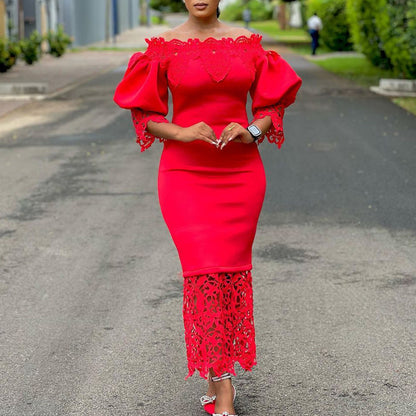 Elegant Lace-Panelled Boat-Neck Dress