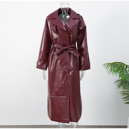 Deep Red Waist-Cinching Belted Suit Collar Long Slim-Fit Leather Coat Trench Coat Jacket