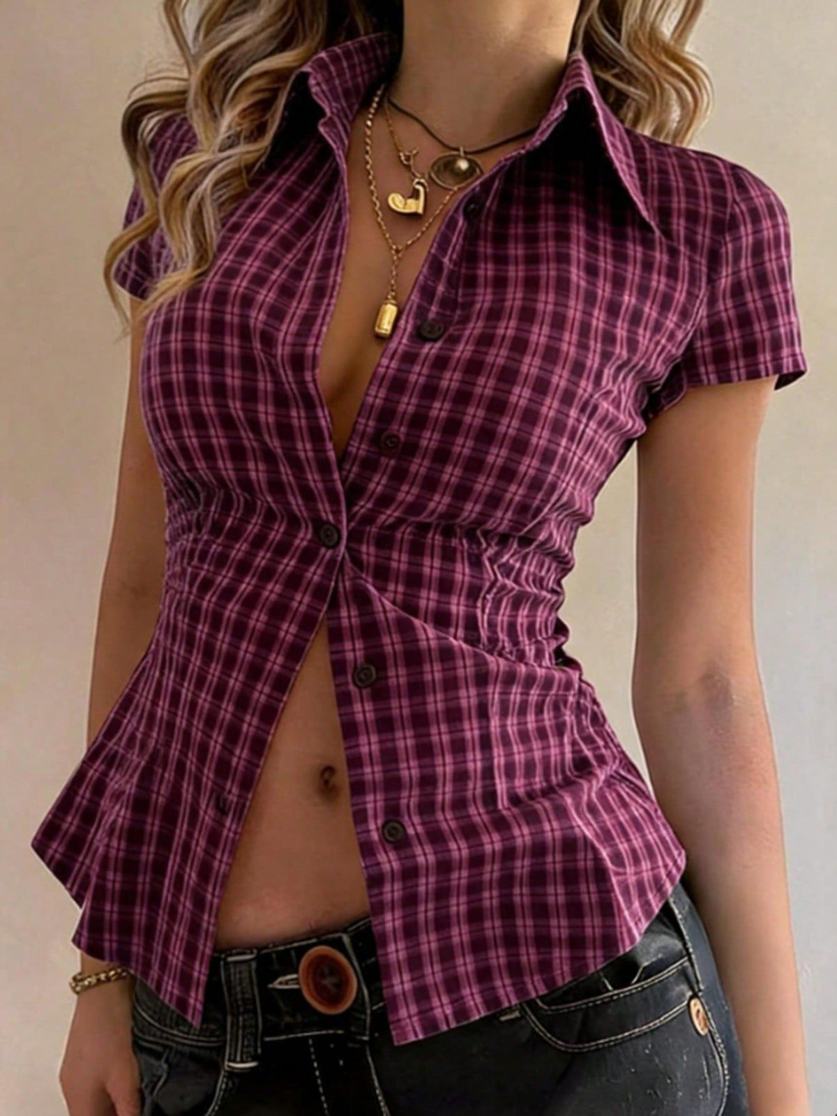 Womens Retro Plaid Short Sleeve Shirt