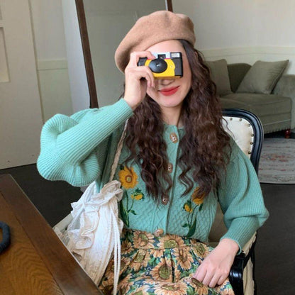 Gebloemde retro jacquard vest en hoge taille midi-rok/ of als set