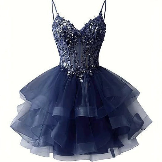 Spaghetti Strap Beaded Sequined Puffy Evening Dress