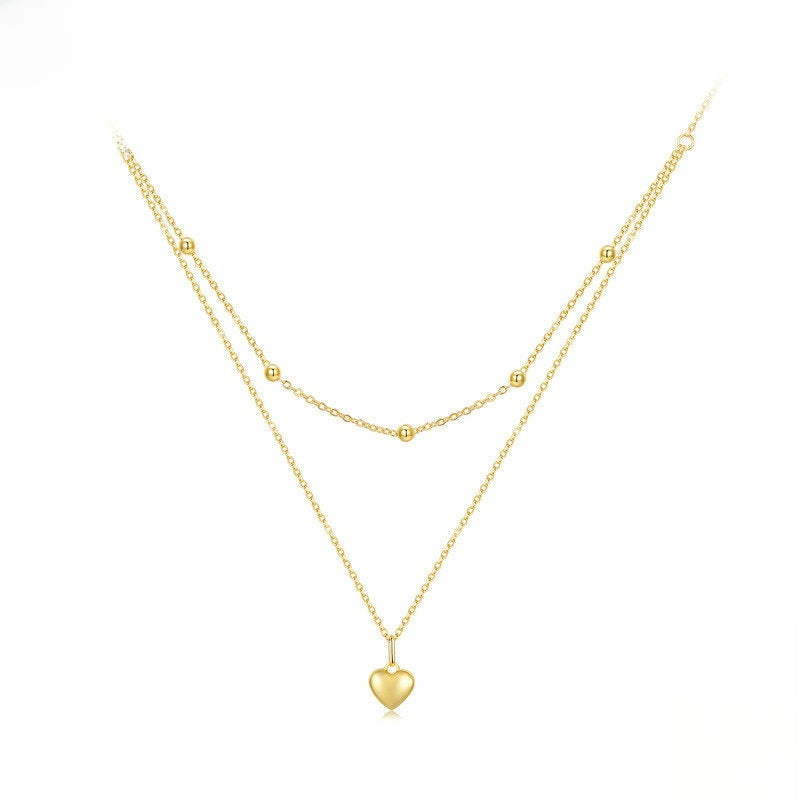 S925 Sterling Silver Heart Necklace Double Layer Layered Clavicle Chain