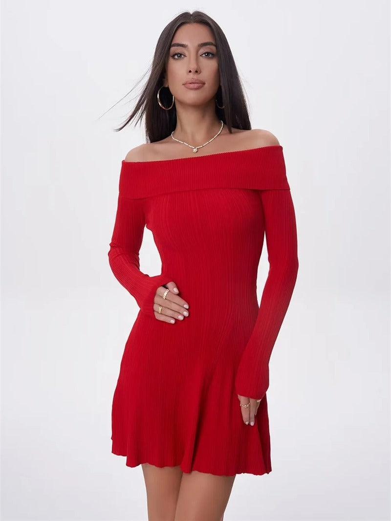 Sexy Off-Shoulder Long Sleeve Knitted Dress Women Pleated Slim Fit Short Skirt