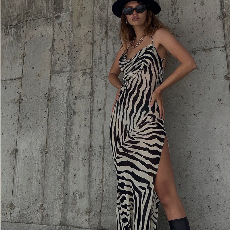 Zebra Print High Slit Lace Up Dress