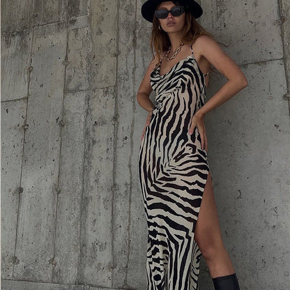 Zebra Print High Slit Lace Up Dress