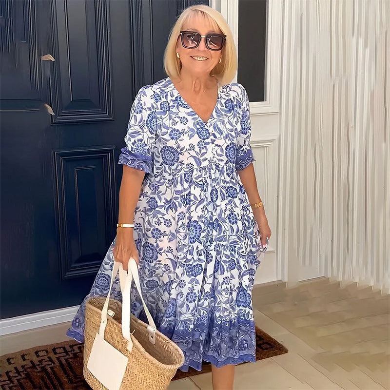 Chic Commuter Long Floral Tie-Dye Print Plus Size Loose Versatile Dress for Women