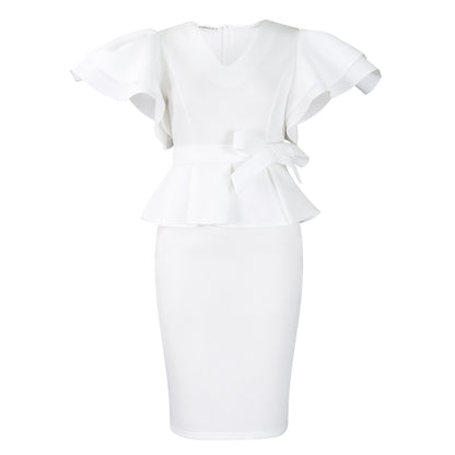 Elegant dress with lotus-leaf trim and solid color
