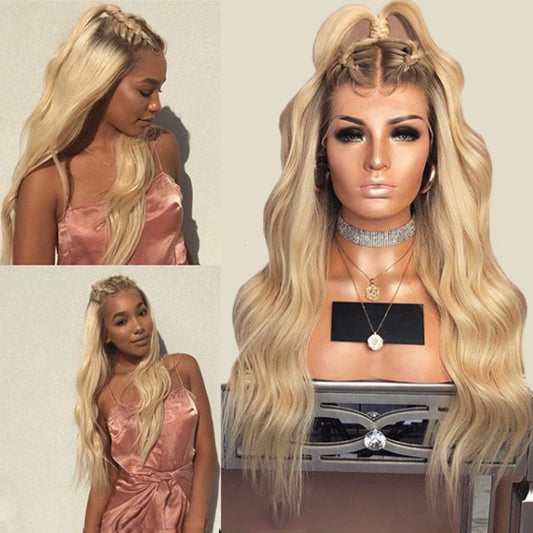 Synthetisch lange lichtgouden golvend lace wig