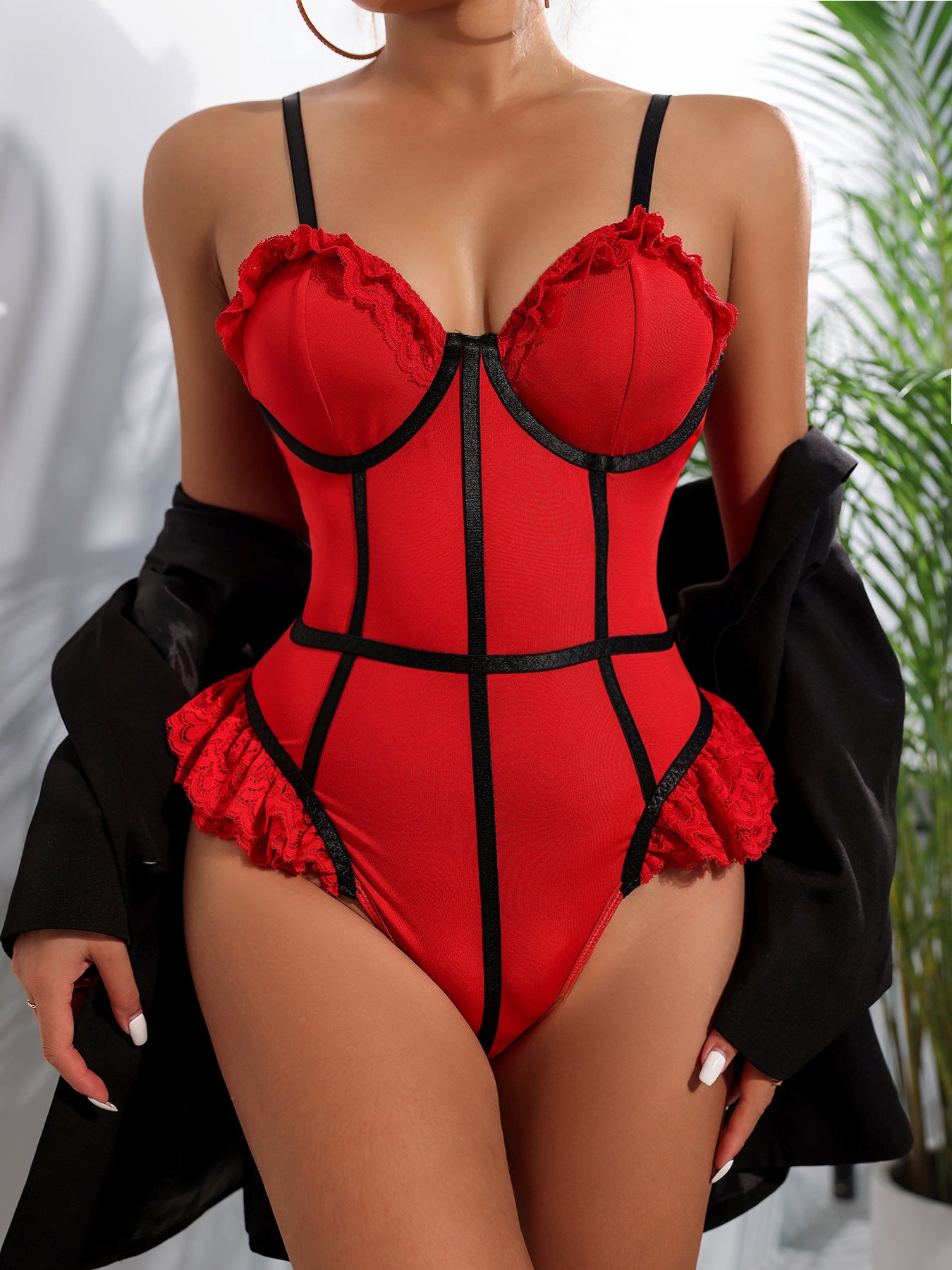 Ribbon fun lace with steel ring sexy lingerie jumpsuit