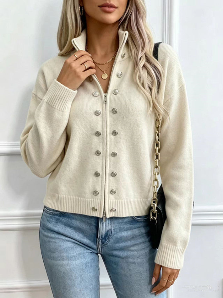 button-decorated knitted zipper cardigan sweater coat