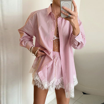 Women's Lapel Collar Blouse and Shorts Set
